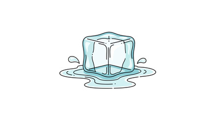 Melting Ice Cube with Water Droplets and Puddle