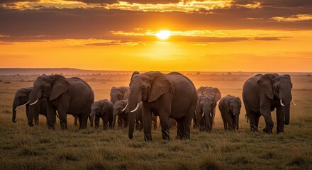 Fototapeta premium A majestic herd of elephants silhouetted against a vibrant african sunset on the savanna, creating a breathtaking wildlife scene
