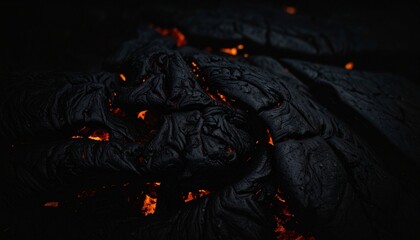 Dramatic texture of solidified lava - glowing fissures emit a fiery orange light, highlighting the raw power of volcanic eruption