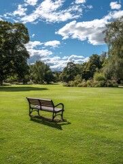 Fototapeta premium A peaceful bench in a green park under a blue sky with clouds