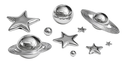 Silver planets and stars on transparent background.  Celestial objects with metallic sheen, isolated, PNG
