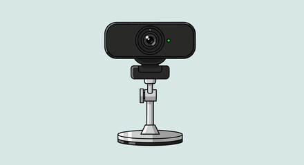 Black webcam with green light on adjustable silver stand