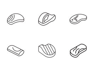 Isometric Outline Meat Cuts Illustration Collection Vector Assortment of Steak Pork Chop and Various Proteins Great for Butcher Shop or Recipe Designs