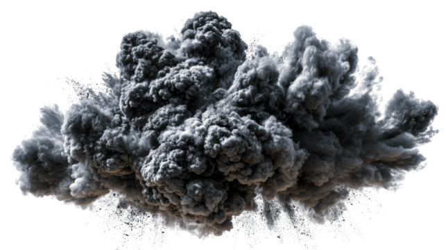 Explosive gray smoke cloud with transparent background for visual effects and design.