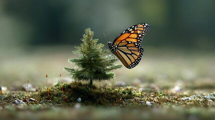 Obraz premium A butterfly is perched on a small green tree in a mossy meadow
