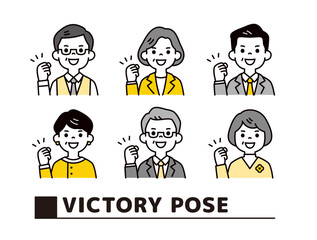 笑顔で励ます・応援する、60代・70代の男性と女性の上半身ビジネスアイコンセット＿ベクター