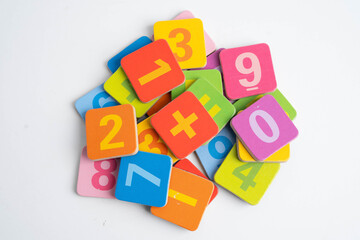 Number wood block cubes for learning Mathematic, education math.