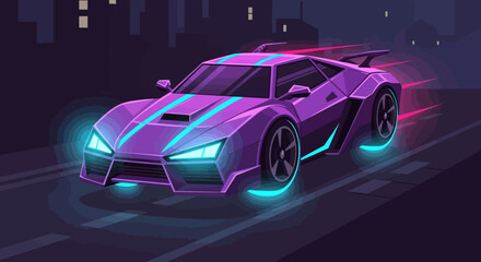 Futuristic purple supercar with glowing cyan stripes and neon underglow in motion.