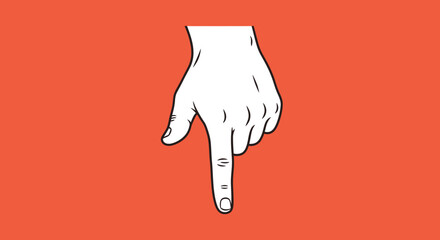 White Hand Pointing Downward with Black Outline on Orange Background