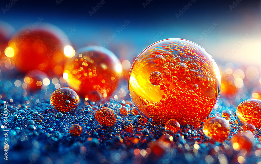 Poster colorful shiny spheres with intricate bubble patterns on a textured surface