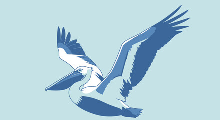 Obraz premium Stylized Blue and White Pelican Flying with Wings Spread Wide