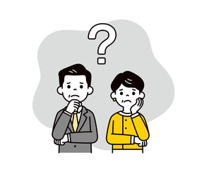 疑問に感じて不安そうな表情をする、ミドル世代の男性社長と女性社長のベクターイラスト素材