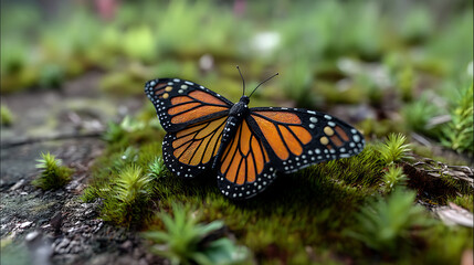 Fototapeta premium Close-up of A butterfly is perched on a small green tree in a mossy meadow