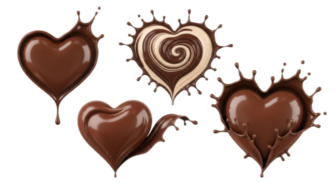 A Decadent Collection of Chocolate Heart Splashes, Perfect for Sweet Treats, Dessert Presentations, and Confectionery Designs, Isolated on a Transparent Background