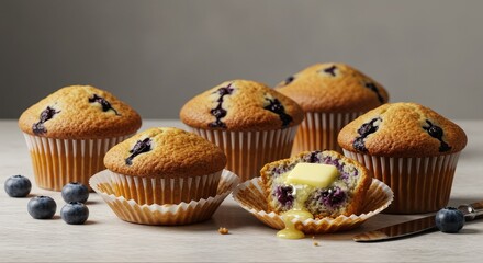 Indulge in warm, fluffy blueberry muffins bursting with juicy berries and topped with melting butter, a perfect treat for any occasion, capturing pure comfort and homemade goodness.