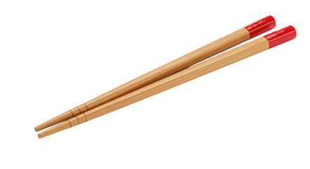 Pair of wooden chopsticks with red tips isolated on transparent background, a traditional eating utensil used in asian cuisine