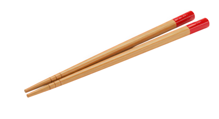 Pair of wooden chopsticks with red tips isolated on transparent background, a traditional eating utensil used in asian cuisine