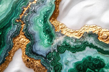 Luxury green malachite stone with gold accents on white textile. It is great for creating elegant designs for brands, and wallpapers.