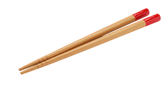 Pair of wooden chopsticks with red tips isolated on transparent background, a traditional eating utensil used in asian cuisine