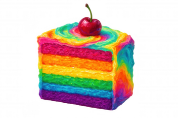Delicious rainbow cake slice with vibrant colors and a cherry, isolated on a transparent background