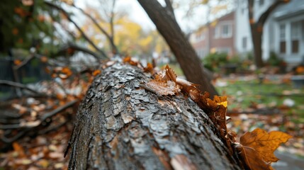 Obraz premium Fallen tree trunk with autumn leaves after storm in residential neighborhood. Use for representing weather, damage, or the changing seasons.