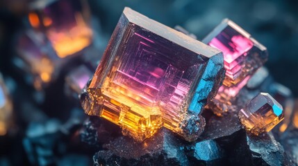 Macro photo showing lustrous Bismuth crystals on a dark background. Great for science, geology or even abstract, colorful concepts.
