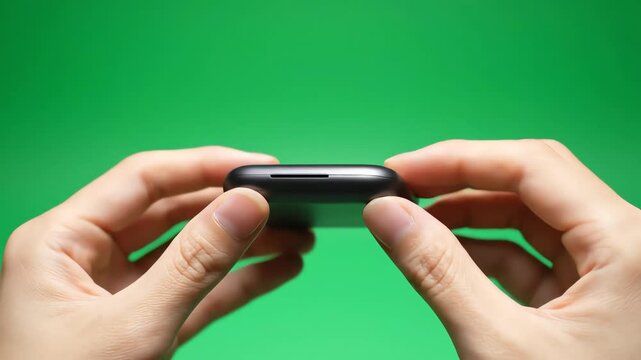 Close-up shot of hands holding a black wireless charging case for earbuds against a bright green chroma key background, 4k video footage ideal for technology product