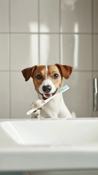 Smiling Jack Russell terrier brushing teeth at a bright tiled bathroom sink with a blue toothbrush &mdash; playful pet grooming, dental hygiene humor