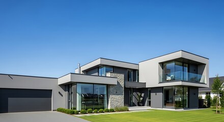 Modern Luxury Home with Large Windows and Attached Garage.