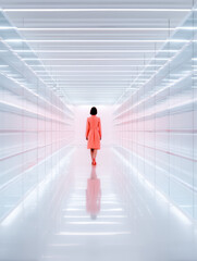 A woman walks through a sleek, illuminated corridor, reflecting modern design with minimalist aesthetics and vibrant colors.