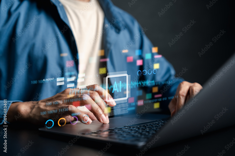 Poster ai digital assistant technology on laptop, artificial intelligence, machine learning, automation, da