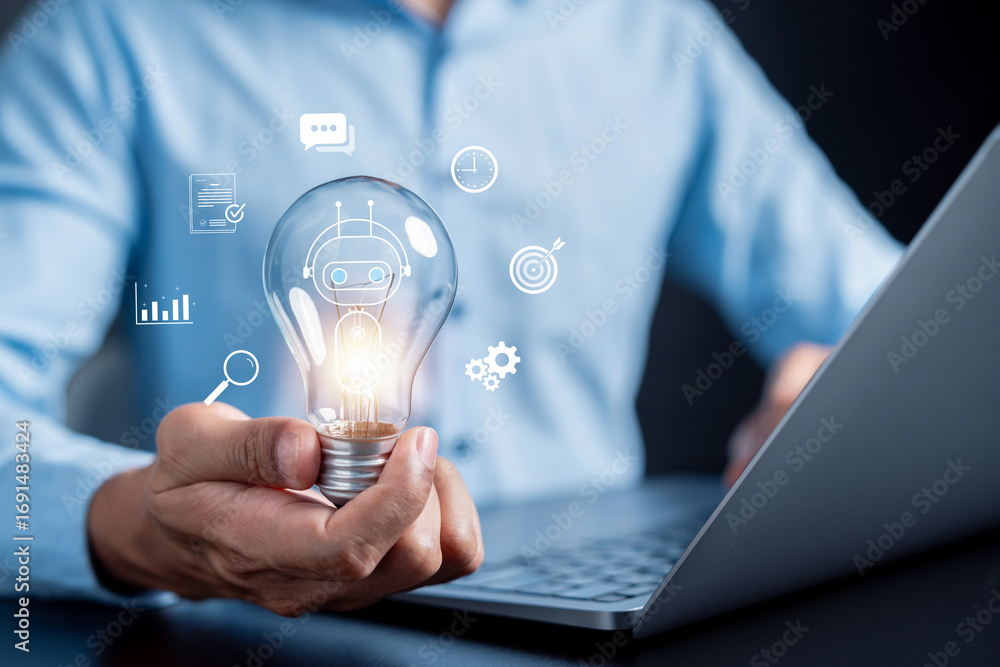 Poster glowing light bulb with ai robot symbolizing artificial intelligence innovation, smart ideas, data a