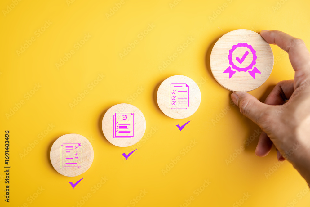 Poster certificate check, document verification, approval process, and quality assurance concept with compl