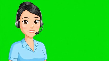 4k video of a smiling female customer service representative wearing a headset, against a green screen background, providing assistance in a friendly and helpful manner.
