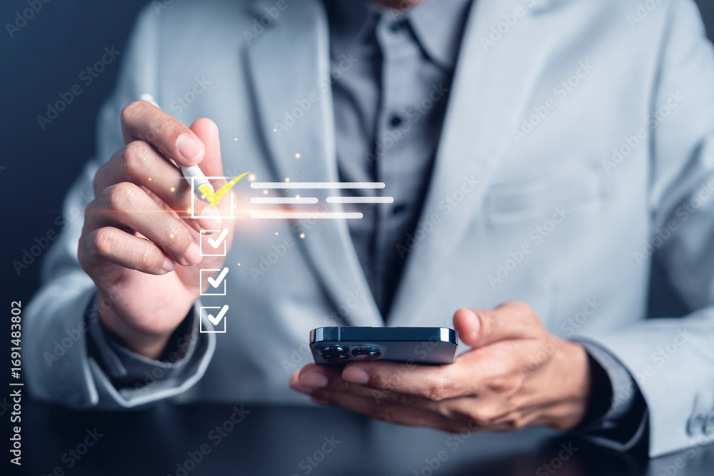 Poster quality assurance checklist with digital tick marks, concept of task management, document validation
