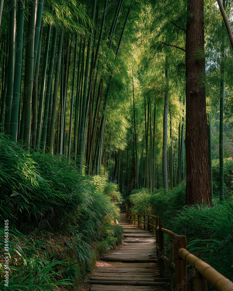 Poster bamboo forest path: a tranquil path winds its way through a dense bamboo forest, inviting exploratio