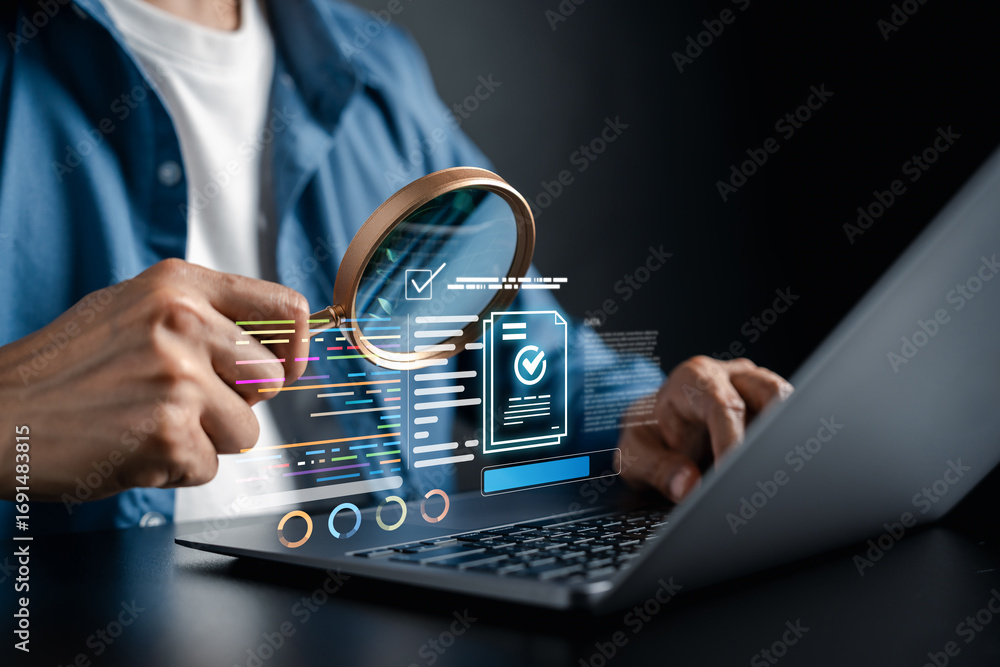 Poster document analysis, digital checklist, data verification, and online auditing person reviewing inform