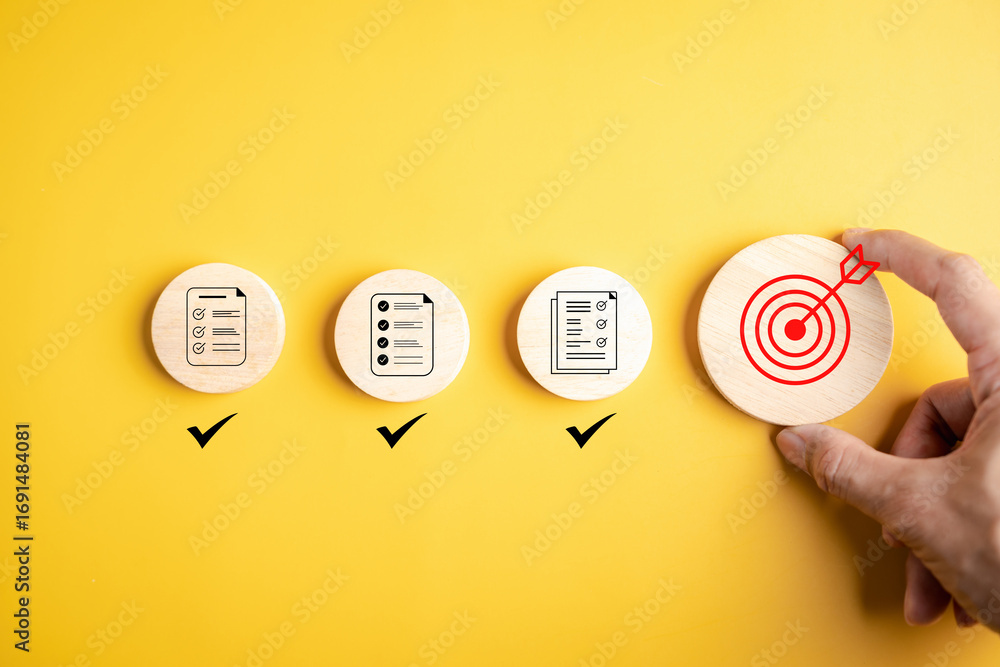 Poster goal planning and task completion strategy concept. hand holding target icon after completing all ch