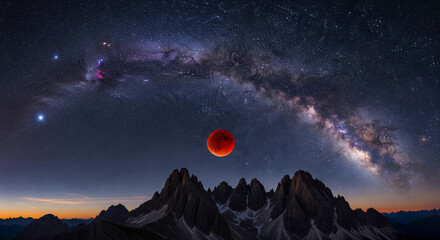 Stunning photograph of the total lunar eclipse with a deep red blood moon rising above dramatic mountain peaks under a starry night sky.