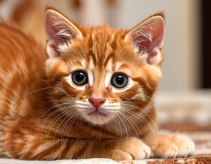 Close-up of an adorable ginger tabby kitten with big eyes, looking directly at the viewer.
