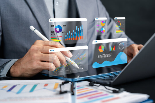 Investment strategy planning with digital charts, graphs, and financial reports, showing data analysis, market trends, economic growth, business forecasting, and financial decision making for success.
