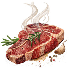 Juicy, sizzling T-bone steak with rosemary and garlic, steaming hot and ready to grill, perfect for culinary content.