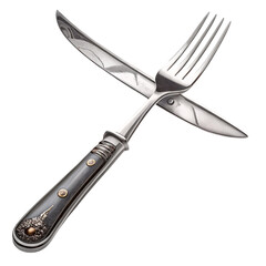 Elegant antique silver fork crossed with ornate Damascus steel knife showcasing intricate craftsmanship and luxury dining