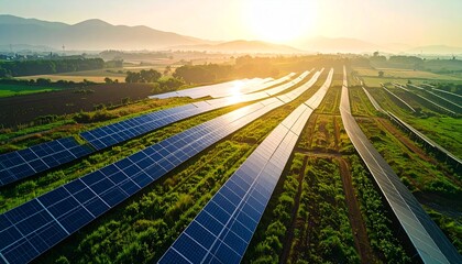 Fototapeta premium Solar Energy Farm with Sunrise and Mountains