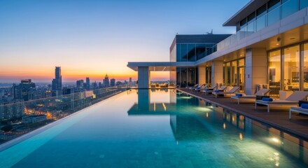 Fototapeta premium Rooftop infinity pool with cityscape view at sunset