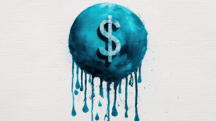 A blue dollar symbol drips paint, symbolizing money's influence and fluidity in a vibrant, artistic style.