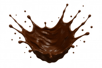 Hot chocolate dramatically splashing, forming dynamic crown-like pattern, transparent backdrop ideal for beverage marketing graphics