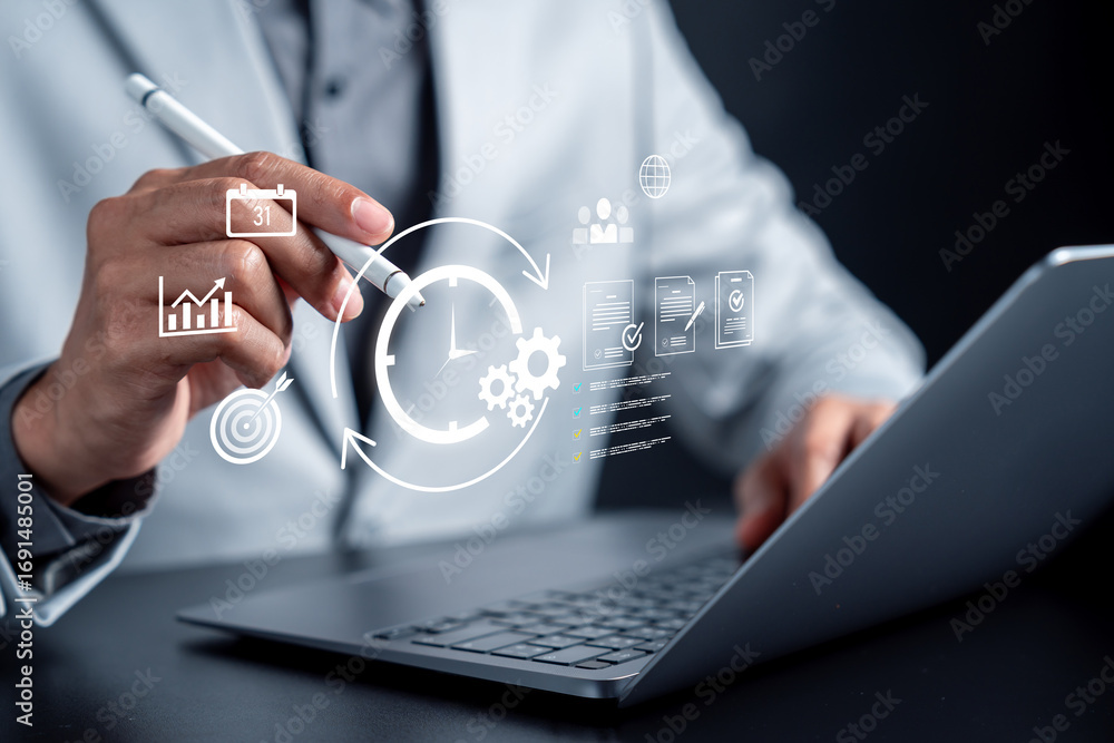 Poster time setting, workflow management, productivity planning, and task scheduling concept with businessm