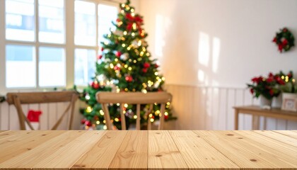 Wood dining table with copy space and christmas tree in the background