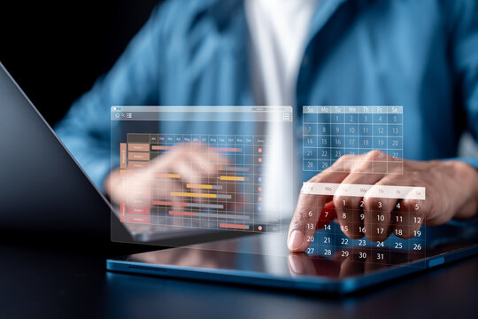 Workflow optimization with digital calendar and project timeline on tablet, task management, productivity planning, project scheduling, business efficiency, and time management.